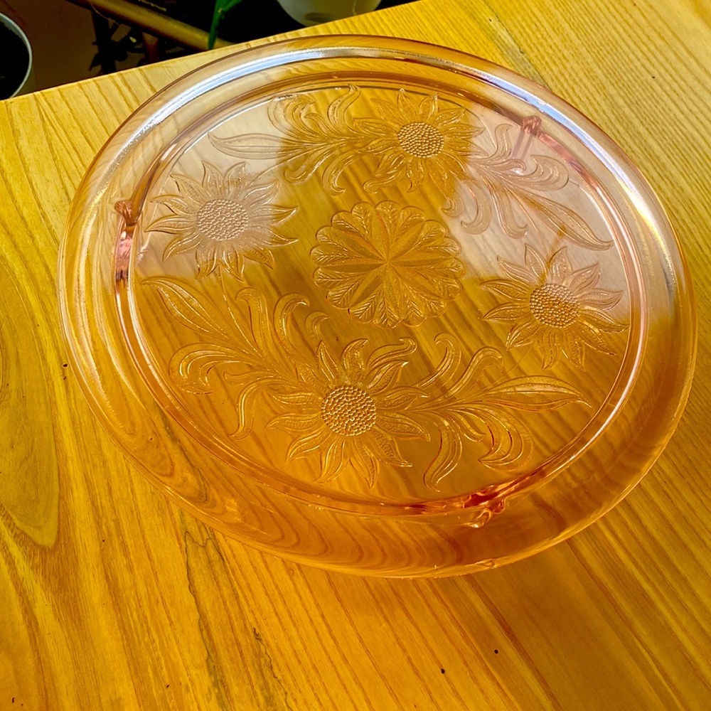 1930s Pink Depression Glass Footed  Cake Plate Jeannette Daisy Sunflower